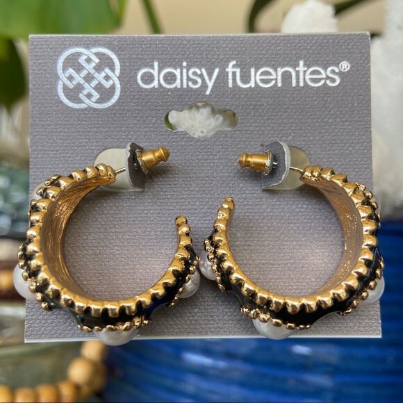 Gold Black Enamel & Pearl Daisy Fuentes Fashion Earrings $16ea / 3 for $25 - Picture 1 of 7